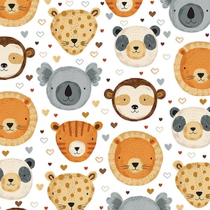 May include: A seamless pattern featuring various animal faces, including a panda, tiger, lion, koala, sloth, and leopard. The animals are illustrated in a cartoon style with bright colors and simple details. The background is white with scattered hearts in various shades of brown and gray.