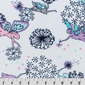 May include: White fabric with a repeating pattern of fairies blowing dandelion seeds. The fairies are pink, purple, and blue with wings and are flying in different directions. The dandelions are black and white.