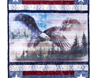 Patriotic Minky Kit - Home of the Brave Blanket Kit - Shannon Borderline Quilt Kit Eagle US Flag Kit 58x68 size - Quilt Top, Pattern,Binding