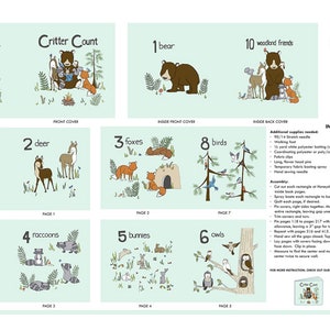 May include: A colorful illustrated guide to counting with woodland animals. The book features a blue background with a variety of animals, including butterflies, deer, foxes, birds, squirrels, raccoons, bunnies, and owls. The book is titled "Critter Count: A Soft Book By SMD".