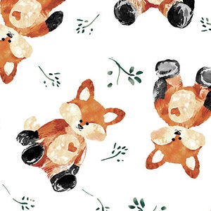 May include: A white background with a repeating pattern of orange and brown foxes with black feet and a small heart on their chest. The foxes are surrounded by small green leafy branches.