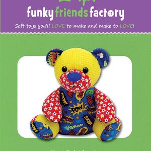 May include: A yellow and blue 12-inch soft toy bear with a comic book print. The bear is sitting on a green background with the text "Ben the BEGINNER Bear" and "funky friends factory" in purple.