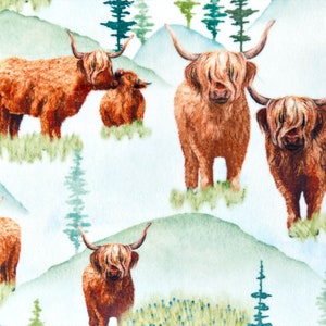 May include: A watercolor pattern featuring brown Highland cows with long, shaggy hair standing in a snowy mountain landscape with green trees.