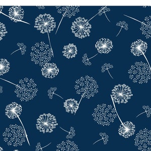 May include: A navy blue background with a white dandelion pattern. The dandelions are scattered randomly across the background.
