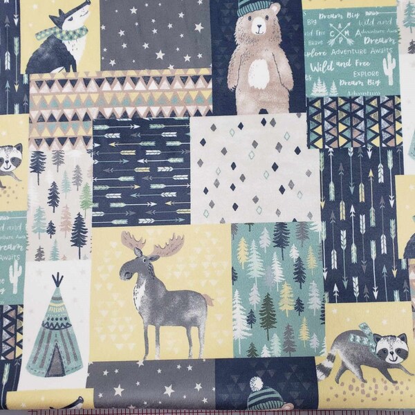 WINTER WOODLAND PATCHWORK Minky - Michael Miller Green Yellow Patchwork Minky - Woodland Patchwork Minky Fabric - Woodland Animals Minky