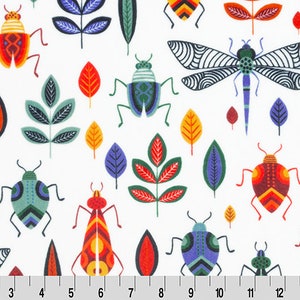 May include: White fabric with a repeating pattern of colorful bugs, leaves, and a dragonfly. The bugs are stylized and have geometric patterns. The leaves are in shades of green, red, and yellow.