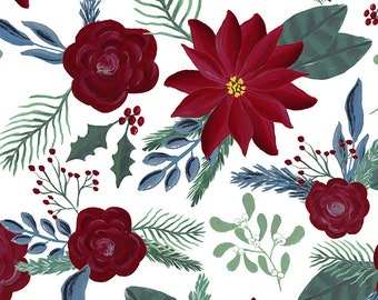 Puede incluir: Un patrón sin costuras con flores de poinsettia rojas, rosas rojas, acebo y hojas verdes sobre un fondo blanco.