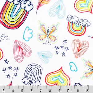 May include: White fabric with a colorful, hand-drawn pattern of rainbows, hearts, butterflies, clouds, and stars. The pattern is reminiscent of a child's drawing.