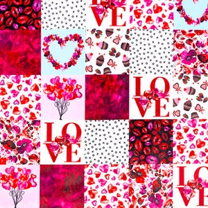 May include: A patchwork design featuring various Valentine's Day themes, including hearts, lips, cupcakes, and the word "LOVE" repeated throughout.