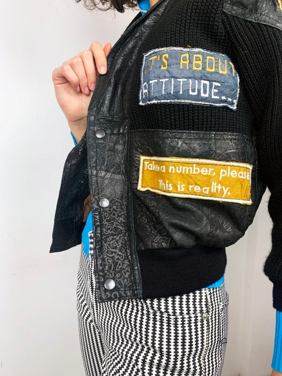 Streetwear Leather + Knit Bomber Jacket with Patch