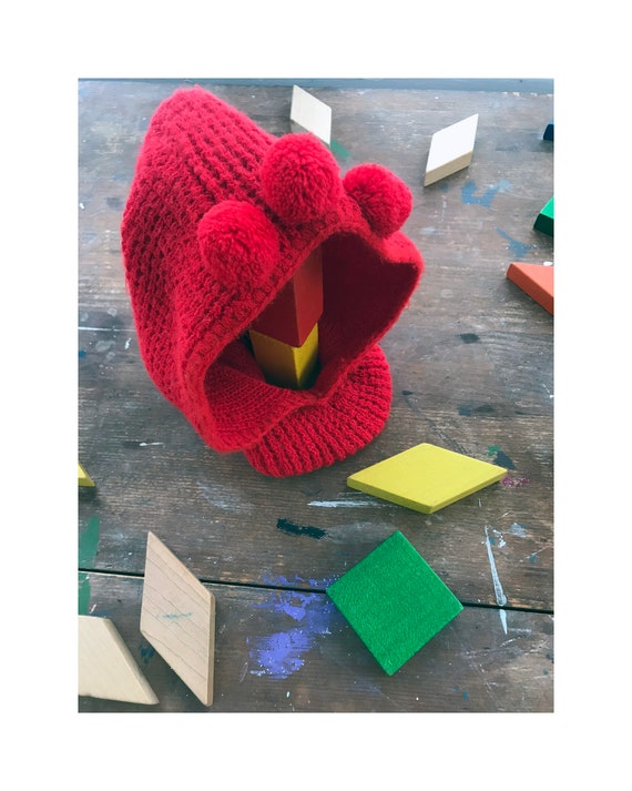 Vintage 1970s, Balaclava, Red with Pompoms