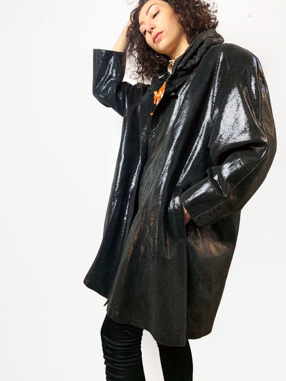 Black Iridescent Stingray Leather Swing Coat