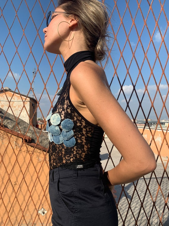 Vintage Miss Sixty Denim and Lace Halter Top