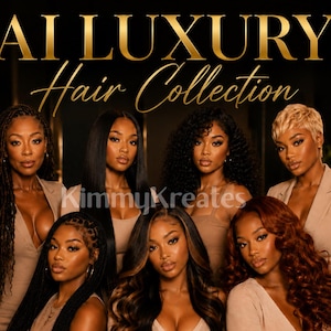 May include: A promotional graphic for the AI LUXURY Hair Collection by KimmyKreates featuring seven individuals with diverse hairstyles including long braids, straight dark hair, curly hair, and a short blonde cut, all wearing beige blazers.