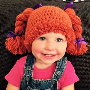 Baby girl or little girl crocheted cabbage patch inspired hat with braided pigtails, shop&#39;s top seller, great for dress up for Halloween