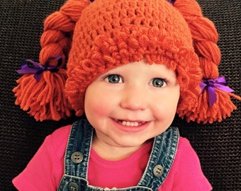 Baby girl or little girl crocheted cabbage patch inspired hat with braided pigtails, shop's top seller, great for dress up for Halloween