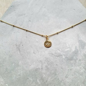 Gold Vermeil Satellite chain with small round coin star pendant. Add natural gemstone charm. Delicate Necklace. 16 or 18 inch gold chain