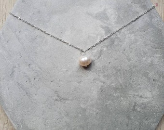 Sterling Silver necklace with small natural freshwater pearl pendant. Real natural gemstone. Choose from 16, 18 or 20 inch chain.