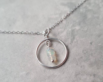 Circular sterling silver pendant with natural AAA quality opals. Open circle simple necklace. October birthstone. 18 or 20 inch chain.
