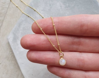 Gold Vermeil Satellite chain with small round Moonstone pendant. Delicate Layering Necklace. 16 or 18 inch gold chain. 925 hallmark