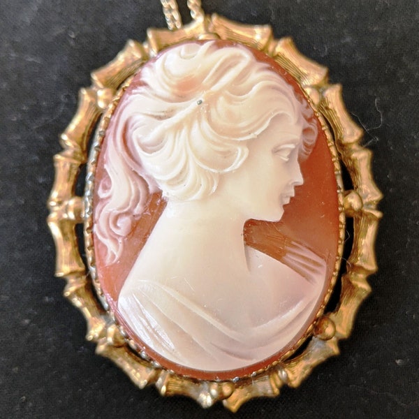 Vintage Salmon Color Lady Head Cameo Necklace Pendant Brooch Pin Beautiful New old stock inventory since 1960s elegant beautiful