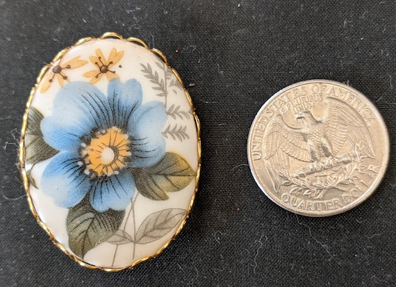 Vintage Elegant Porcelain Blue Flower Pin Cameo B… - image 3