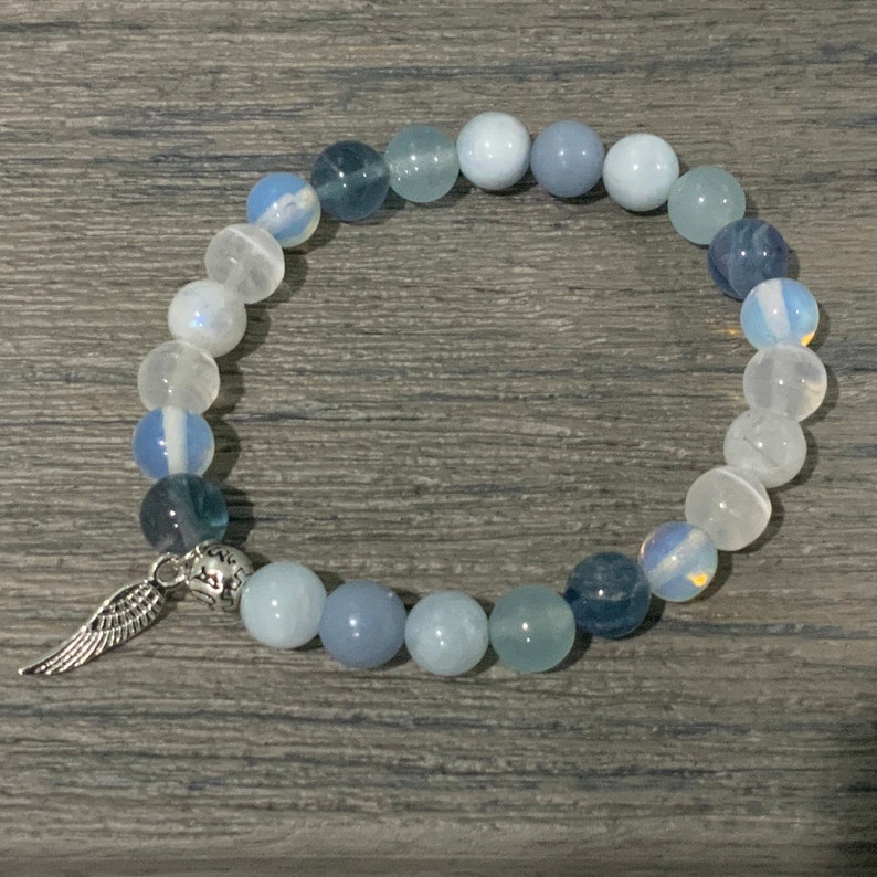 Medley of soft blue and white natural gemstone beads High Vibrational Healing crystals Angelic Protection Bracelet