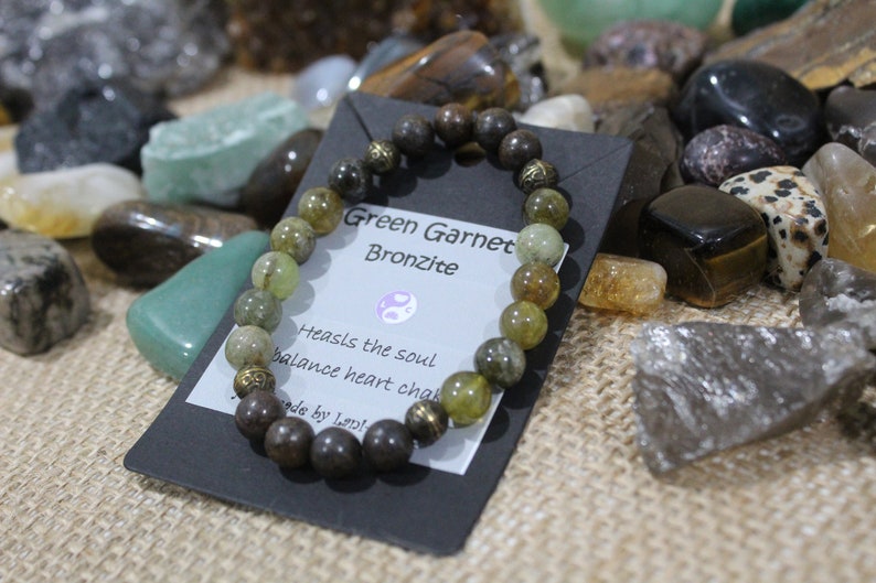 Abundance and Grounding Yoga Tsavorite Green Garnet Mala Bracelet and Bronzite natural gemstone crystal healing stretch Bracelet