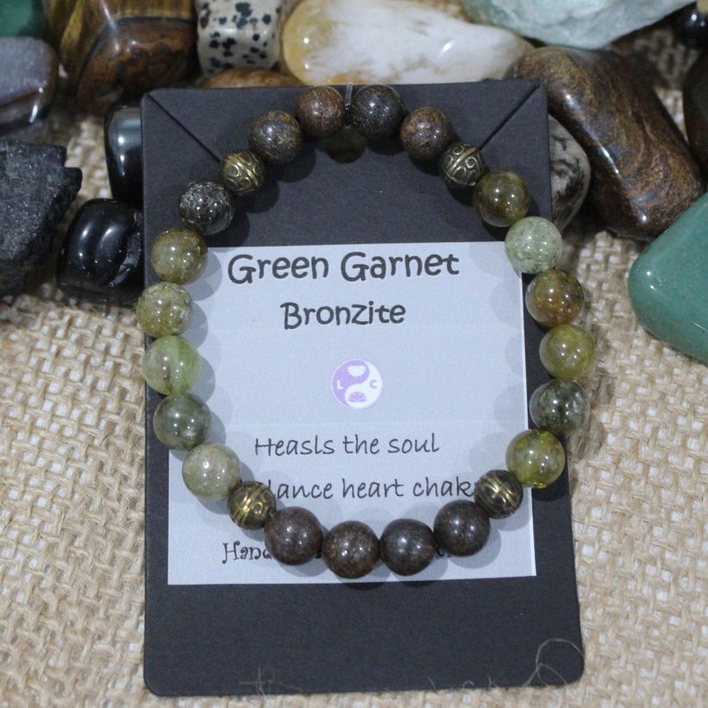 Abundance and Grounding Yoga Tsavorite Green Garnet Mala Bracelet and Bronzite natural gemstone crystal healing stretch Bracelet