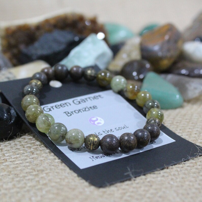 Abundance and Grounding Yoga Tsavorite Green Garnet Mala Bracelet and Bronzite natural gemstone crystal healing stretch Bracelet