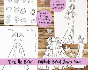 Printable Bridal Shower Game, Design A Wedding Dress Game, Wedding Paper Dolls Activity for Bridal Shower, Bachelorette Party Fashion Game