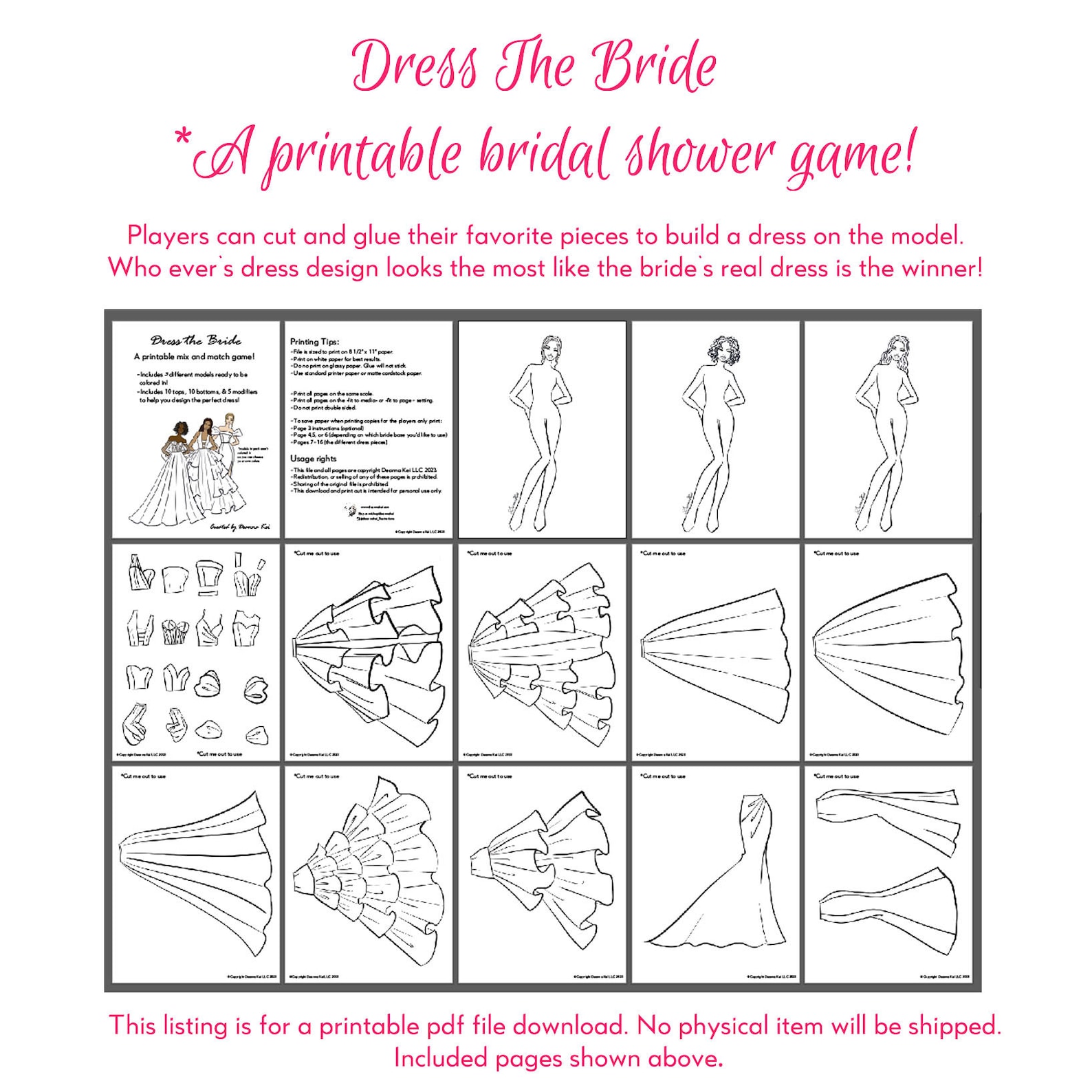 Printable Bridal Shower Game, Design A Wedding Dress Game, Wedding ...