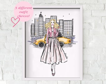 Carrie Fashion Art Print, Carrie and the City Art, Carrie Fashion Illustration Art Print, Manhattan fashion, Fashion Taxi Art Print