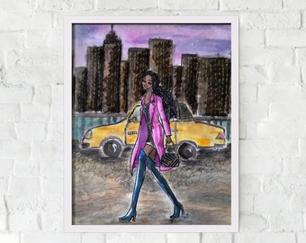 Fashion Illustration Print, New York Fashion Girl Art Print, Fashion Wall Print, Taxi Fashion Wall Art, Chic Fashion Wall Decor, NY Taxi Art