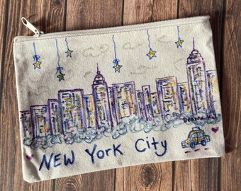 NYC Canvas Zip Pouch, New York skyline canvas clutch, NYC purple painted canvas case, New York City pencil case, NYC Make up bag