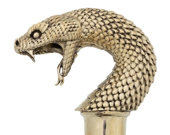 Brass Snake Head Walking Cane - Wooden Walking Stick (37.6"/95.5 cm)