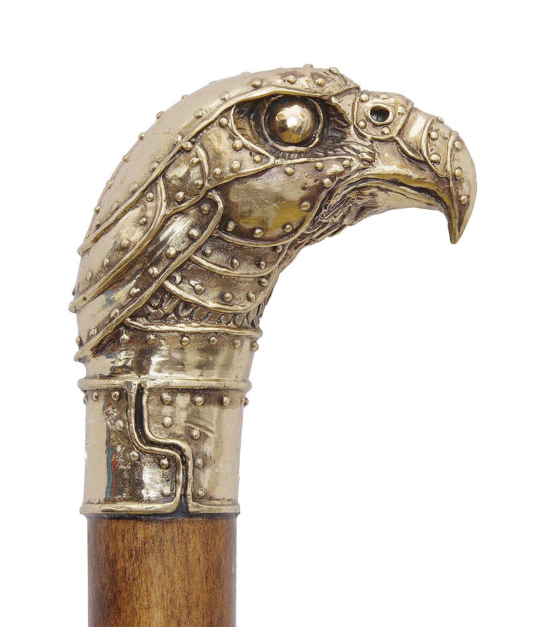 Cane and walking stick "eagle", 37.2"/94.5 cm (for a height of 6'1"/182 cm), brass, wood. This is a ready-made cane in stock.
