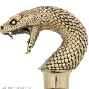 May include: A detailed brass cane handle shaped like a snake's head with an open mouth, revealing fangs. The snake's body curves downward, and the handle is attached to a brass base. The handle has a textured, scale-like pattern.