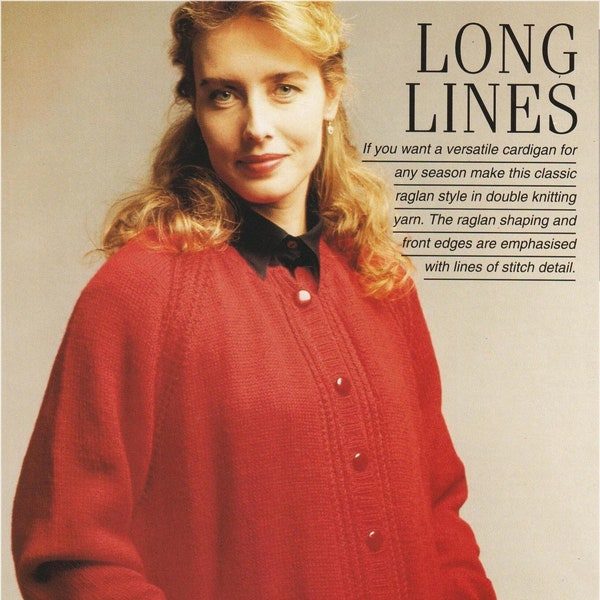 Women's Long Lines Raglan Cardigan Very Easy Hand Knitting Vintage Instant Digital Download Pattern PDF ONLY