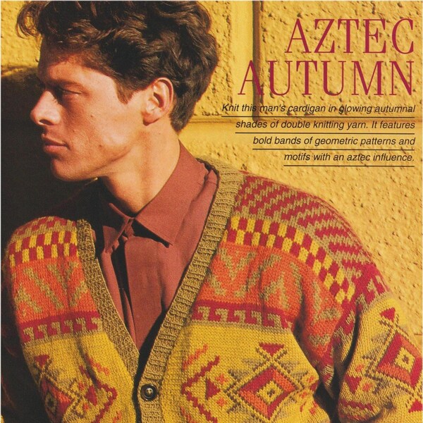 Men's Aztec Autumn V Neck Cardigan Hand Knitting Vintage Pattern Instant Download PDF Only