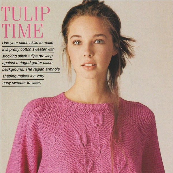 Women's Tulip Time Gorgeous Cotton Knit Jumper Sweater Hand Knitting Vintage Pattern Digital Download PDF ONLY