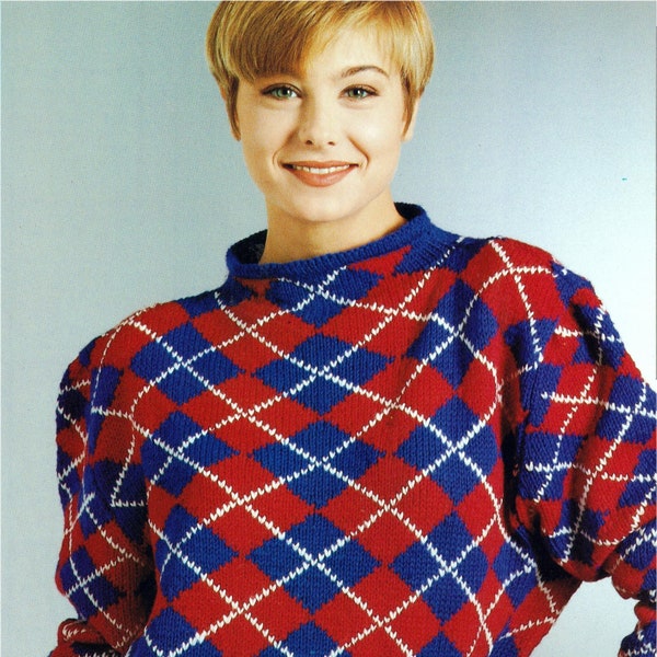 Women's Tartan Treat Sweater Jumper VINTAGE Hand Knitting Pattern Instant Digital Download PDF ONLY