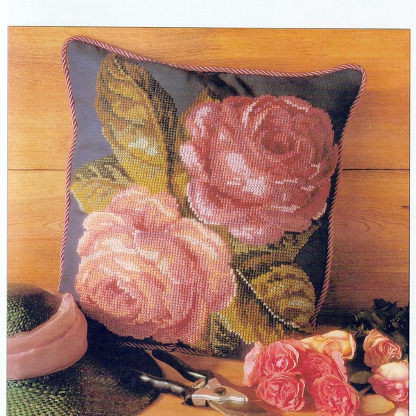 Romantic Shabby Chic Tea Roses Tapestry Cross Stitch Cushion Vintage Pattern Instant Download PDF ONLY