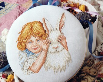 Peek A Boo Girl & Bunny VINTAGE Counted Cross Stitch Pattern Instant Digital Download PDF ONLY