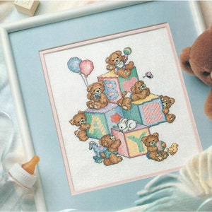 Beautiful Bears & Alphabet Blocks Baby Nursery Picture Vintage Counted Cross Stitch Pattern Instant Download PDF ONLY