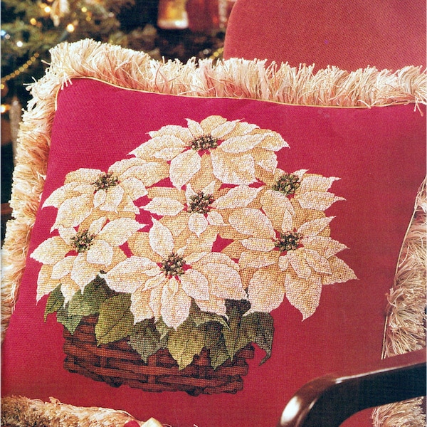 White Poinsettia on Red Christmas Counted Cross Stitch Pillow Cushion Vintage Pattern Instant Digital Download PDF ONLY