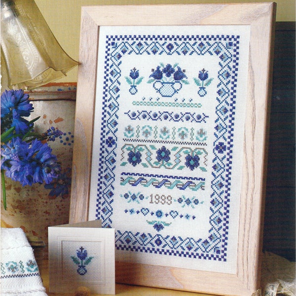 Beautiful Blue & White Beaded Sampler Vintage Counted Cross Stitch Pattern Instant Digital Download PDF ONLY