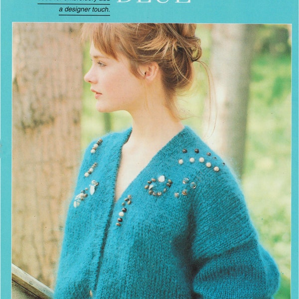 Women's Brilliant Blue Beaded Mohair Cardigan Hand Knitting Vintage Pattern Instant Digital Download PDF ONLY