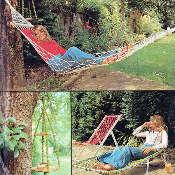 Retro 70s Outdoors Macrame Hammock, Lounges & Bird Table Patterns Instant Digital Download PDF ONLY