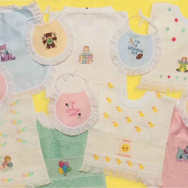 A Dozen Fast & Easy Baby Bibs VINTAGE Counted Cross Stitch For Baby Instant Digital Download PDF ONLY